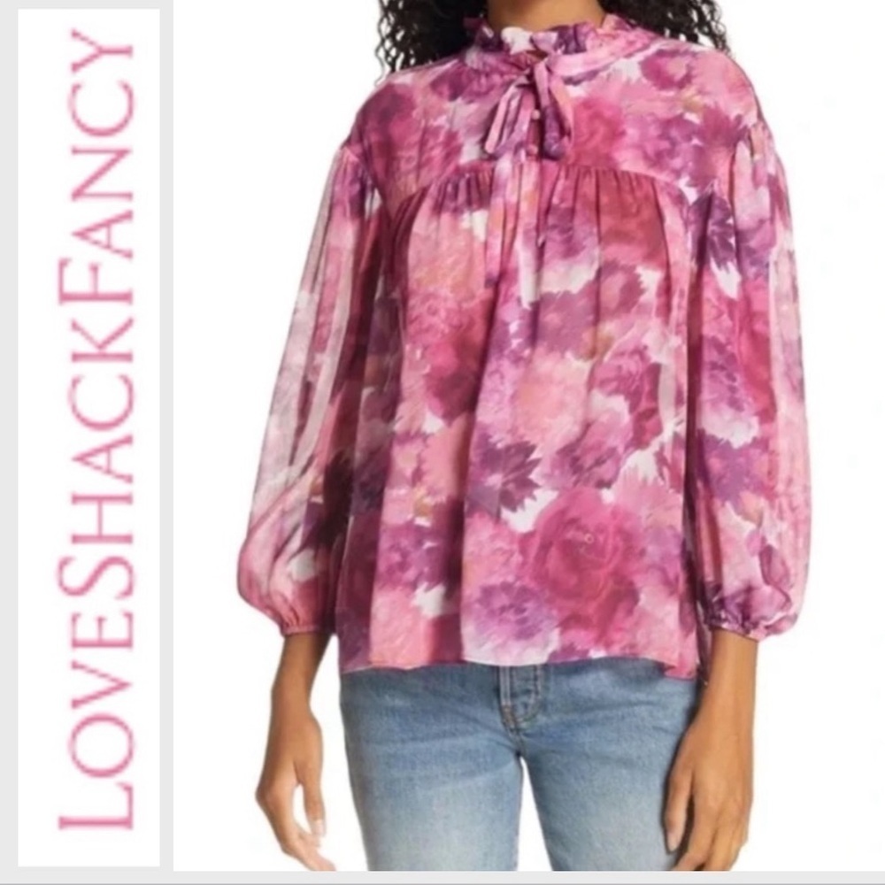 LoveShackFancy Gamela Blouse Top Tie Neck Silk Pre-dawn Sky Pink Medium - Picture 2 of 8